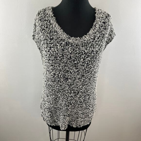 EILEEN FISHER Black White Short Sleeve Tufted Cotton Twist Pullover Sz Medium M - Picture 2 of 9